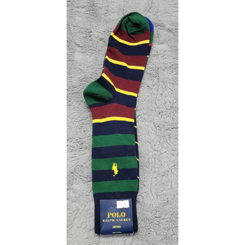 Polo Ralph Lauren Socks Mens 10-13 Green Burgundy Rugby Stripe Pony Mid Calf
